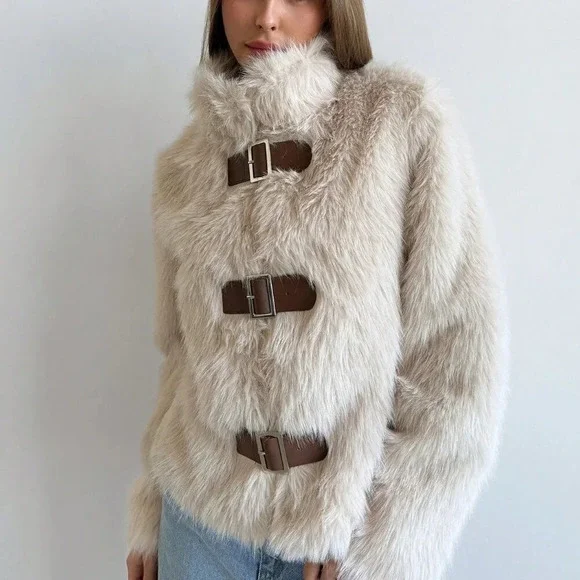 Apricot Casual Women's Stand Collar Fitted Long Sleeve Fluffy Button Jacket - Picture 7 of 9